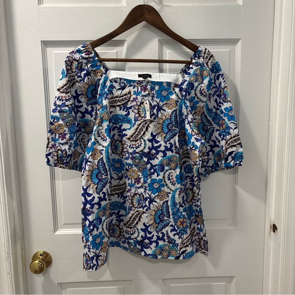Talbots Blue, White and Tan Paisley Floral Square-Neck Blouse